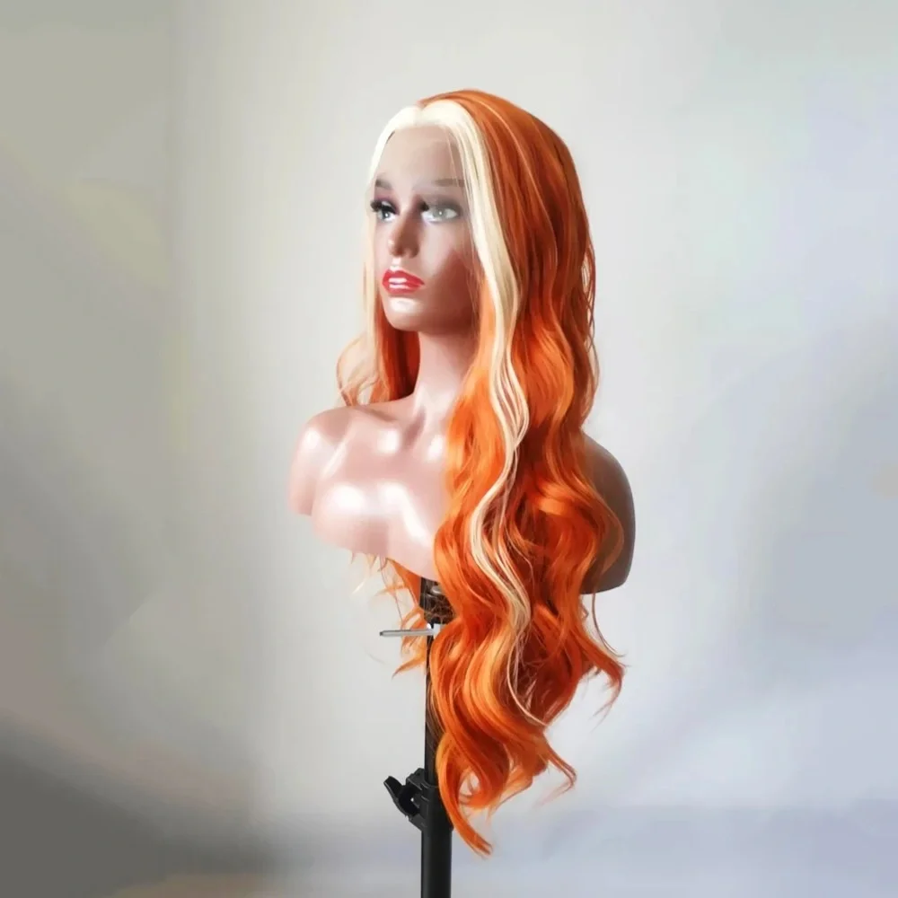 24” HUMAN HAIR BLEND ORANGE BLONDE BODY WAVY  LACE FRONT WIG *NEW**